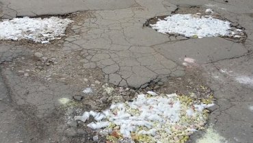 В России ямы на дороге засыпали котиками