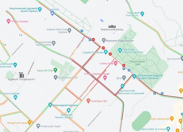Карта пробок и проблем движения в центре Киева 17 февраля на 11:40