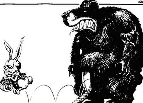 Таким они видят русского медведя. Карикатура 1987 г.: горбачевская перестройка - из нутра чудища выскакивает мирный зайчик.