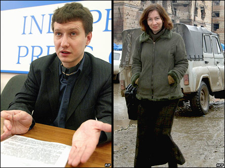 Слева - убитый правозащитный адвокат Станислав Маркелов, справа - убитая чеченская правозащитница Наталья Эстемирова