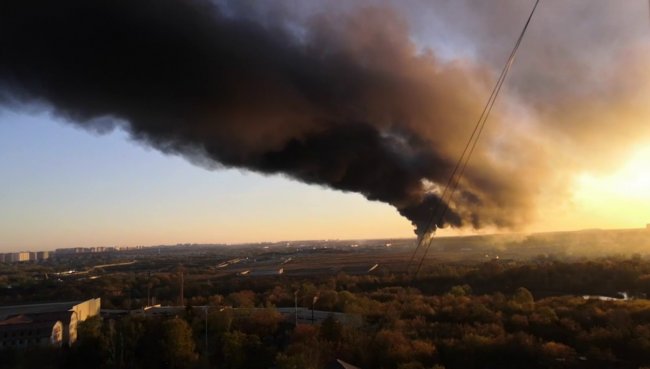 Под Москвой мощный пожар: гигантский столб черного дыма закрыл небо