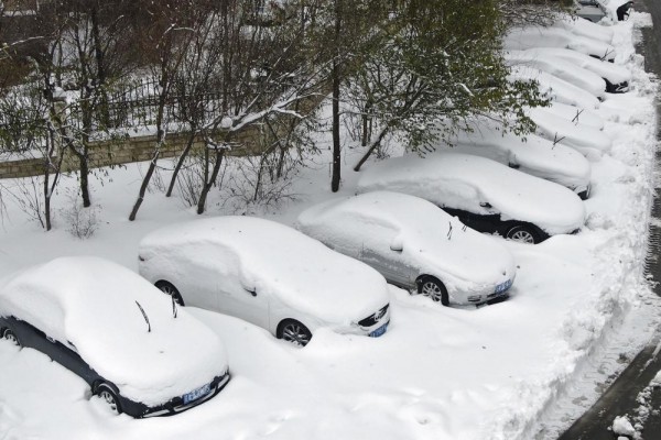 Засыпанные снегом автомобили в Шэньяне, провинция Ляонин.