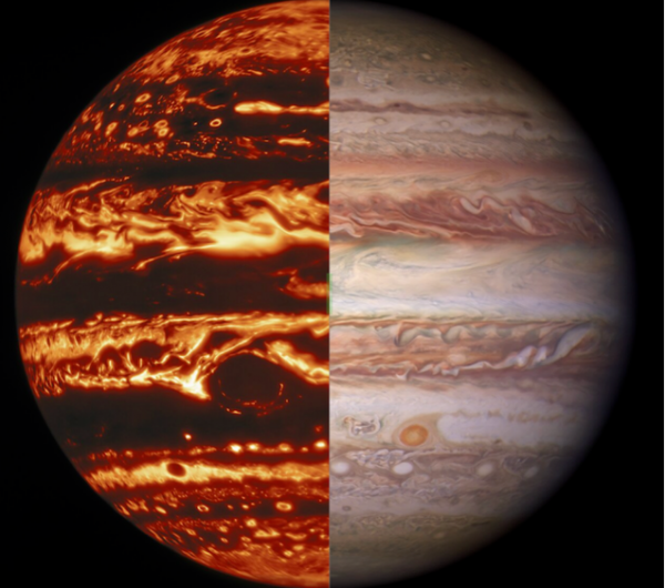 Снимок Юпитера слева сделан в инфракрасном свете, справа — в видимом спектре.