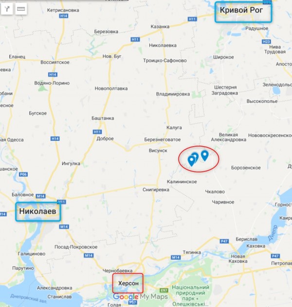 Перечисленные населенные пункты - на левом берегу реки Ингулец, они находятся на стыке Херсонской, Николаевской и Днепропетровской областей 