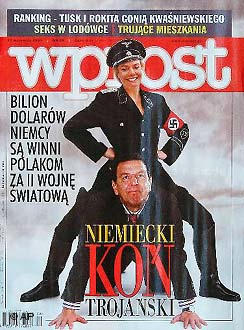 Фотомонтаж в польской газете WPROST: Ерика Штайнбах в эсэсовской униформе оседлала тогдашнего канцлера Герхарда Шредера