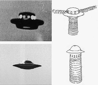 Фото «тарелок» от 23 марта 1974 года, Albiosc, Франция. Рядом - схемы, объясняющие принцип полета. Дискообразные аппараты взлетали за счет кольцевых вихрей (на схеме цифра 1) и/или за счет вращательного гироскопического эффекта (на схеме цифра 2).