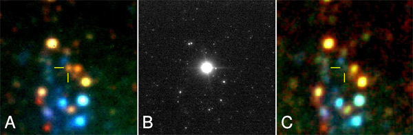 Рис. 10. Видно, что красный сверхгигант, присутствующий на левом снимке, после вспышки сверхновой (центральный снимок) исчез (правый снимок). Из статьи 1011.5494. Фото с сайта arxiv.org