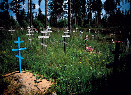 Сотни безымянных крестов на кладбище в Сланцах