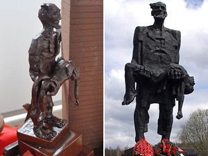 Эту шоколадную скульптуру (фото слева) - копию памятника в мемориальном комплексе «Хатынь» (фото справа) - кондитеры привезли на конкурс. Правда, через день все-таки убрали.