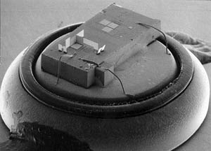 Один из уже действующих прототипов наноробота-пылинки, увеличенный под микроскопом в несколько тысяч раз.